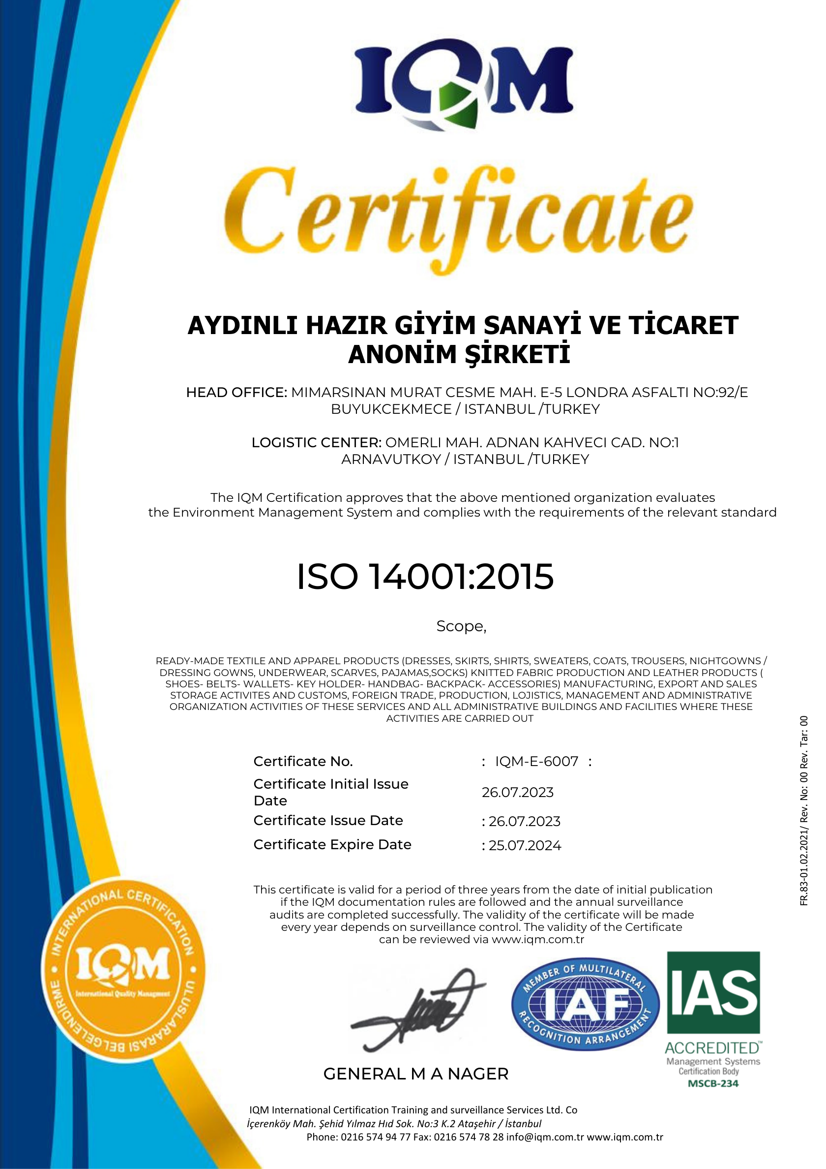 ISO 14001 System Certificate (Aydınlı)