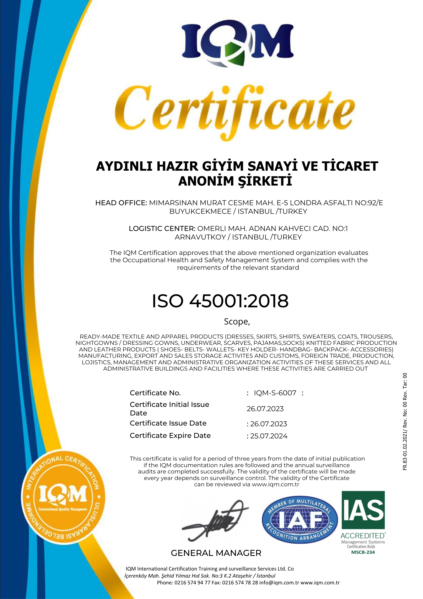 ISO 45001 System Certificate (Aydınlı)